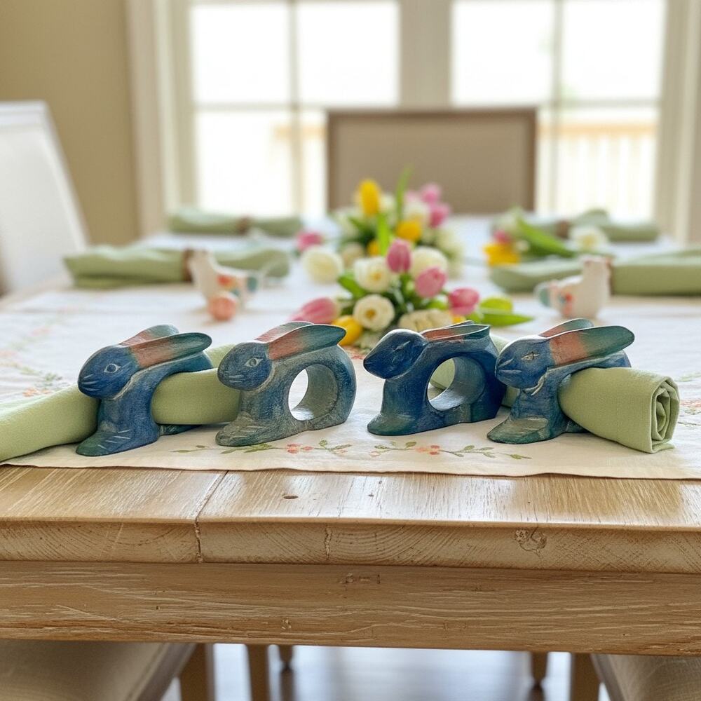 Vintage Hand Carved Wood Bunny Napkin Rings-Set of 4-Easter Spring Table-Rabbit